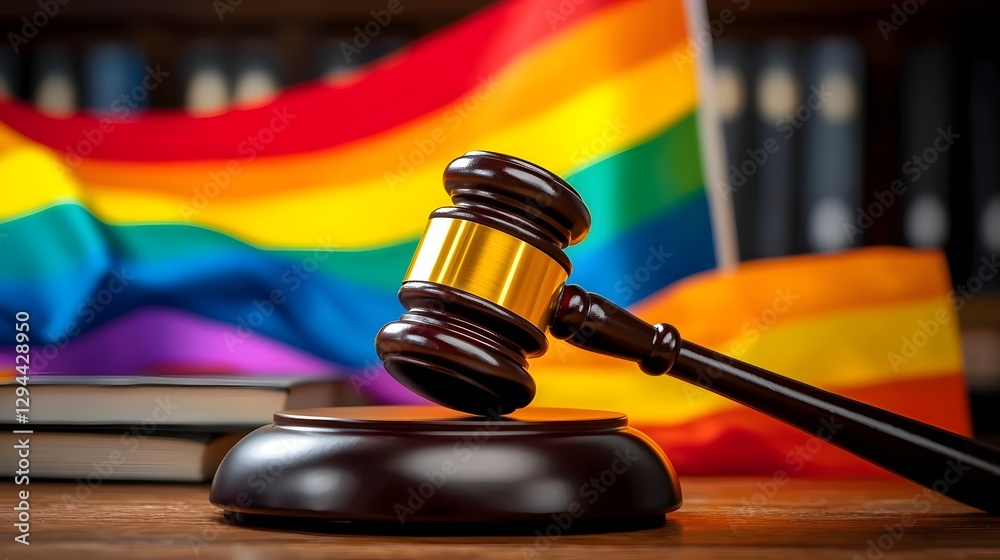 Wooden judge s gavel resting on a vibrant LGBT pride flag symbolizing legal rights for the LGBTQ community with soft lighting emphasizing fairness and inclusivity