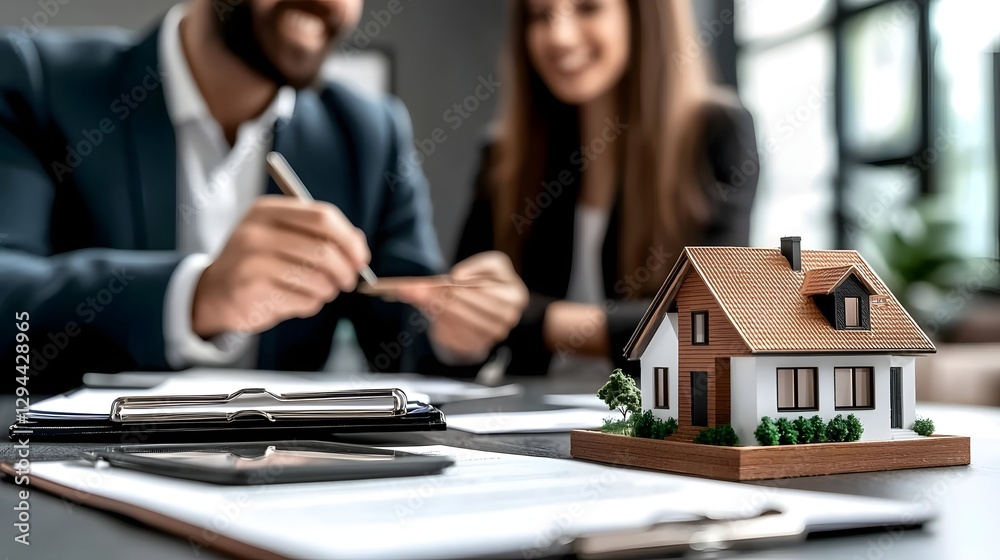 Young happy couple smiling while signing home loan documents with the guidance of a real estate agent with a small house model placed on the table