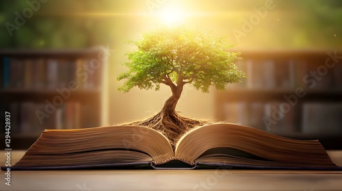 Obraz na płótnie Whimsical scene of an ancient oak tree emerging from the pages of a vintage book its roots entwined with aged scrolls w salonie