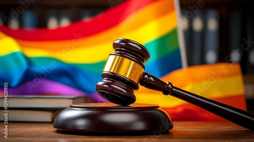 Obraz na płótnie Wooden judge s gavel resting on a vibrant LGBT pride flag symbolizing legal rights for the LGBTQ community with soft lighting emphasizing fairness and inclusivity w salonie