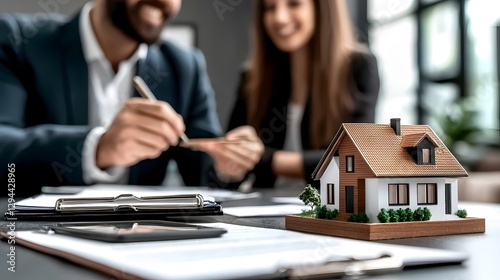 Obraz na płótnie Young happy couple smiling while signing home loan documents with the guidance of a real estate agent with a small house model placed on the table w salonie