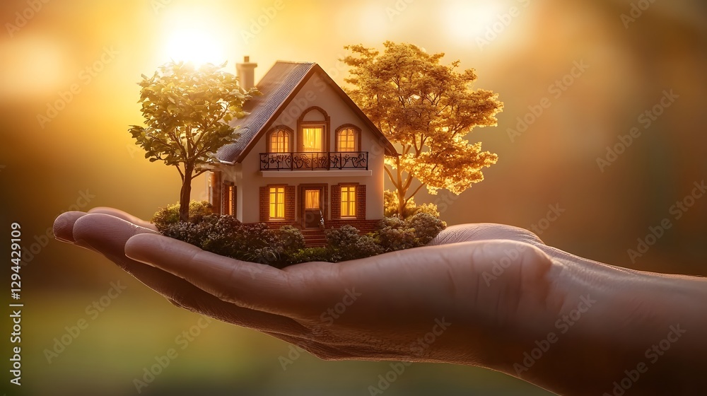 A miniature house figurine delicately balanced on the palm of a supportive hand surrounded by a dreamy glowing light This image serves as a metaphorical representation of investment new beginnings