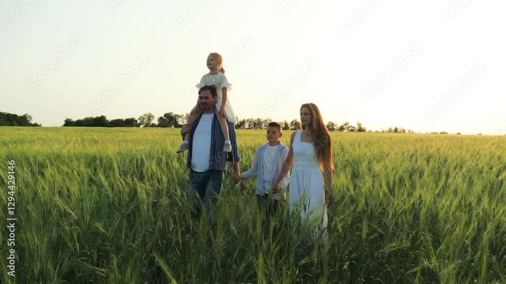 professional businessman farmer, happy father husband, grows grain farm with wife and children. Smile face child farmer, family happiness, spending time day owith daughter son, taking walks through professional businessman farmer, happy father husband, grows grain farm with wife and children. Smile face child farmer, family happiness, spending time day owith daughter son, taking walks through