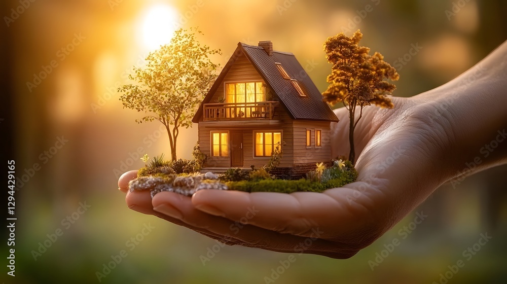A miniature house model gently held in a caring human hand against a blurred natural landscape backdrop symbolizing the security investment and associated with owning a future dream home