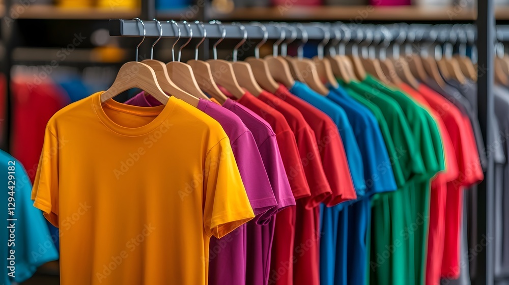 A row of brightly colored plain t shirts hanging on racks in a blurred contemporary clothing store interior showcasing a collection of casual trendy apparel in a modern shopping atmosphere