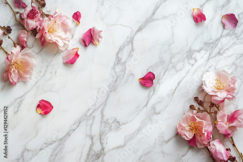 Obraz na płótnie White Marble Counter with Scattered Flower Petals | Minimalist Aesthetic Flat Lay | Elegant Home and Kitchen Decor w salonie
