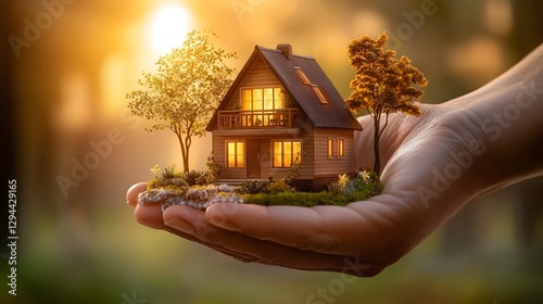 Obraz na płótnie A miniature house model gently held in a caring human hand against a blurred natural landscape backdrop symbolizing the security investment and associated with owning a future dream home w salonie
