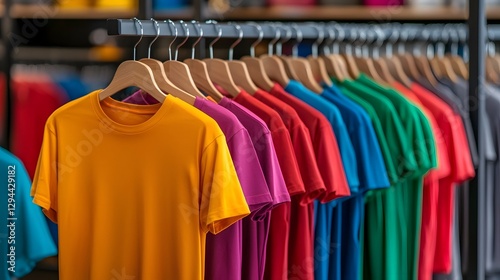 Obraz na płótnie A row of brightly colored plain t shirts hanging on racks in a blurred contemporary clothing store interior showcasing a collection of casual trendy apparel in a modern shopping atmosphere w salonie