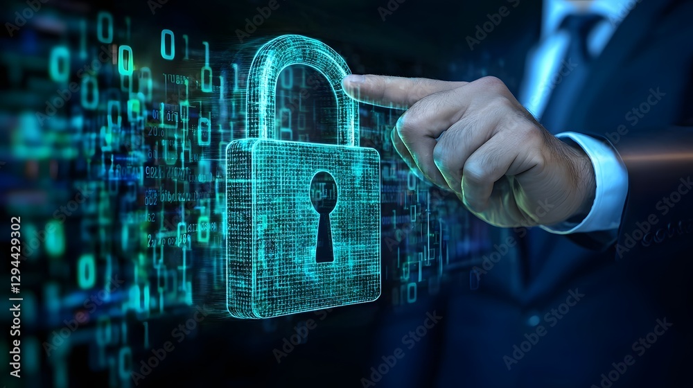 Advanced AI Powered Cybersecurity Solution Protecting Digital Assets with Glowing Padlock Hologram Floating in Front of a Businessman
