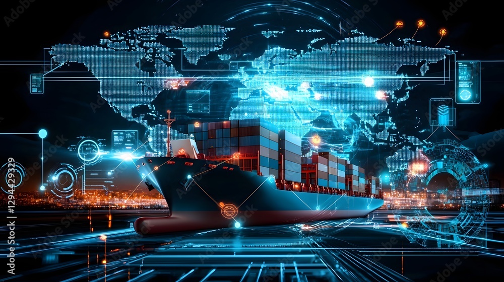 Advanced freight forwarding system futuristic shipping logistics and digital connectivity of cargo ship automated trucking real time air transport tracking