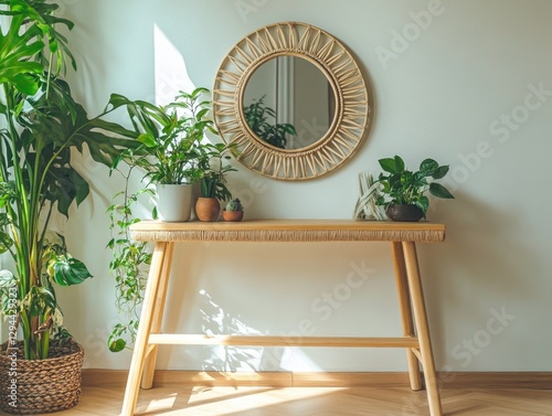 Wooden Table with Potted Plants and Mirror