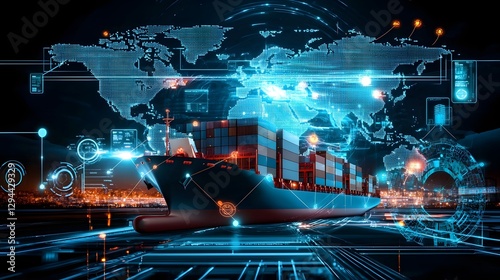 Obraz na płótnie Advanced freight forwarding system futuristic shipping logistics and digital connectivity of cargo ship automated trucking real time air transport tracking w salonie
