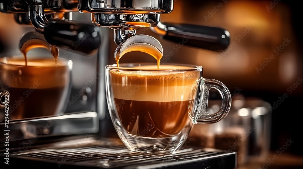 Automatic espresso machine releasing a freshly brewed cup of coffee with a rich golden crema on top The detailed coffee textures and cozy cafe ambiance create a welcoming