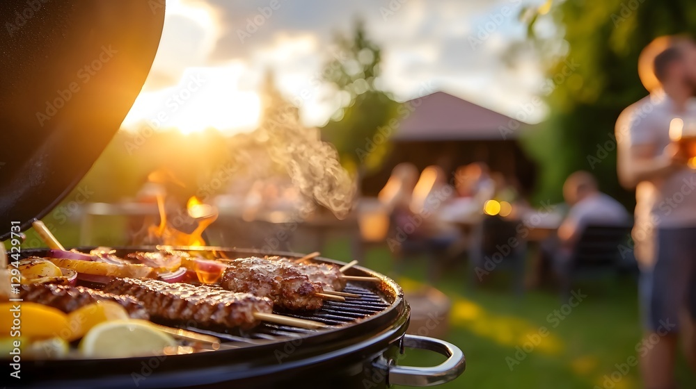 Backyard BBQ with Family and Friends Enjoying Grilled Burgers and Ribs in Cheerful Summer Atmosphere Gathering Together for Laughter Drinks and Outdoor Leisure