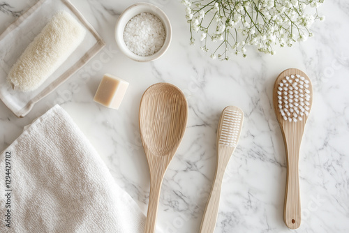 Obraz na płótnie Eco-Friendly Bamboo Bath & Spa Set | Natural Wooden Body Brush, Loofah, and Skincare Accessories | Minimalist Bathroom Décor w salonie