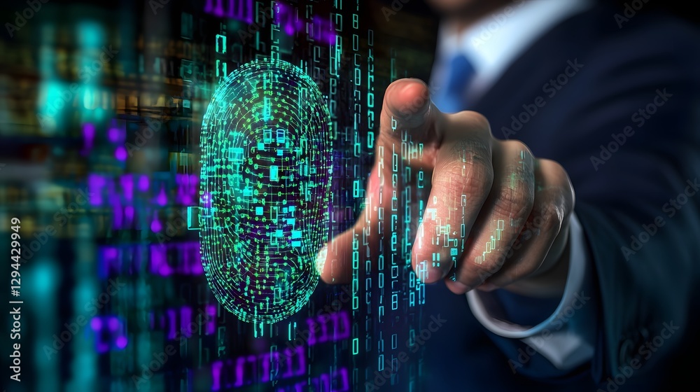 Business Executive Interacting with Holographic Fingerprint Scanner for Encrypted Data Access and AI Driven Cybersecurity Technology