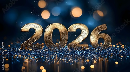 Bright and Shimmering of Golden 2026 Number with Sparkling Blue Festive Scene Celebrating the Upcoming New Year Holiday
