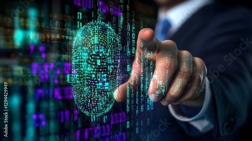 Obraz na płótnie Business Executive Interacting with Holographic Fingerprint Scanner for Encrypted Data Access and AI Driven Cybersecurity Technology w salonie