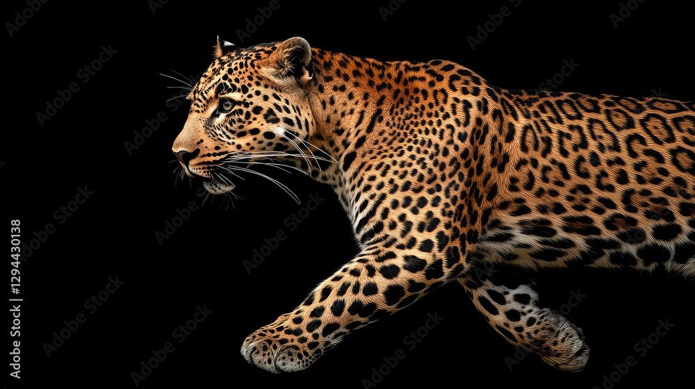 Naklejka premium A leopard's muscular form crouching, preparing to pounce against a pitch-black backdrop