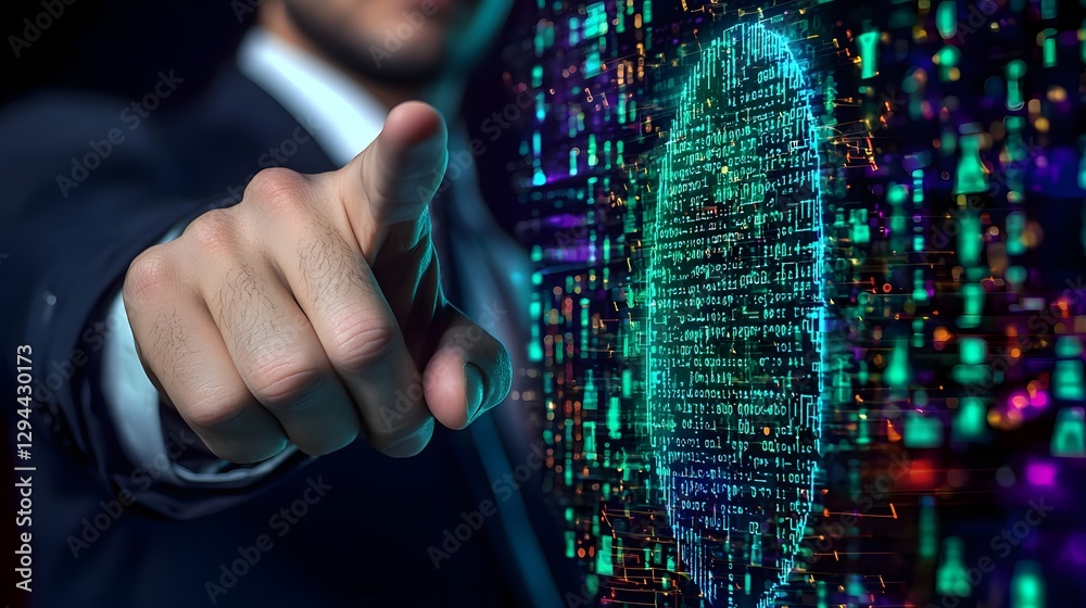 Businessman Pointing at Futuristic Biometric Authentication Interface with Glowing Fingerprint Scanner for Advanced Data Encryption and Cybersecurity Protection