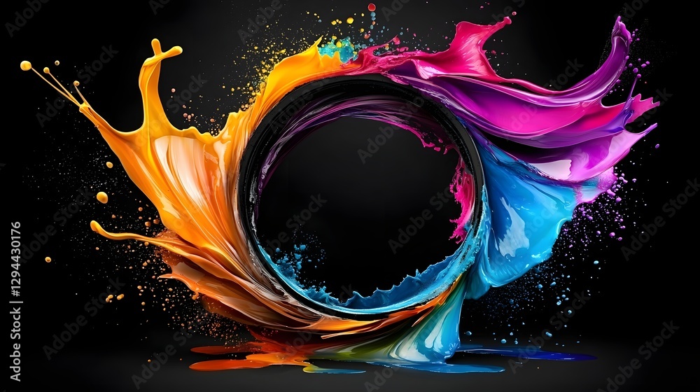 Captivating abstract composition of vivid liquid paint waves colliding and exploding with dynamic energy on a dramatic black canvas creating a striking visual display of color motion and flair