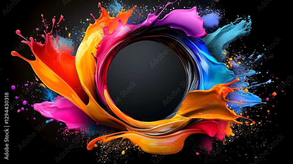 Captivating abstract image depicting a vibrant liquid explosion forming a dynamic circular motion with splashes of colorful paint swirling gracefully against a deep black background