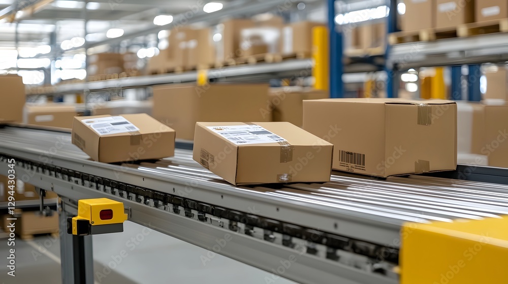 Cardboard packages gliding smoothly on a conveyor belt in a warehouse fulfillment center showcasing the automation and logistics of e commerce shipping and distribution