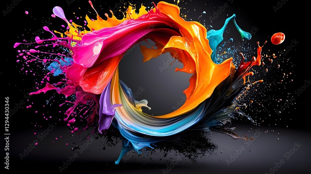 Captivating Liquid Energy Wave with Vibrant Multicolored Droplets Suspended in Motion Forming a Mesmerizing Dynamic Fluid Art Composition against a Dark Backdrop