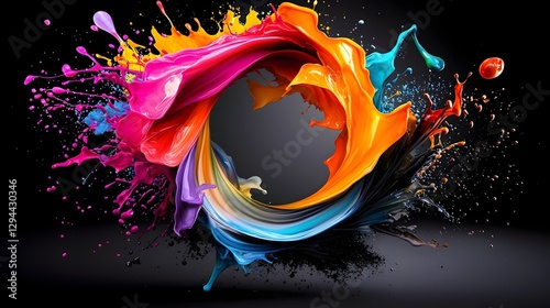 Obraz na płótnie Captivating Liquid Energy Wave with Vibrant Multicolored Droplets Suspended in Motion Forming a Mesmerizing Dynamic Fluid Art Composition against a Dark Backdrop w salonie