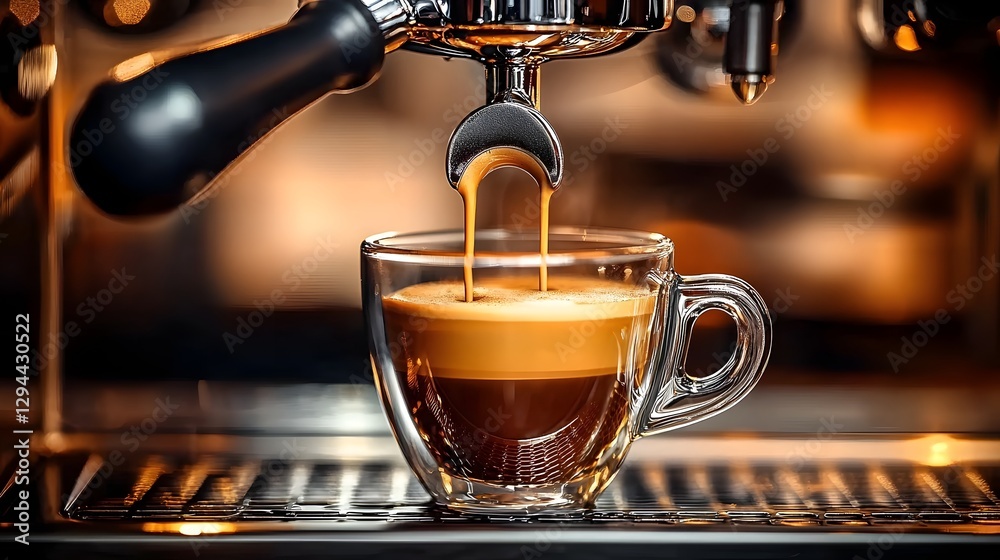Close up of a professional coffee machine dispensing a rich steaming espresso shot into a glass cup with a smooth layer of creamy crema forming on top