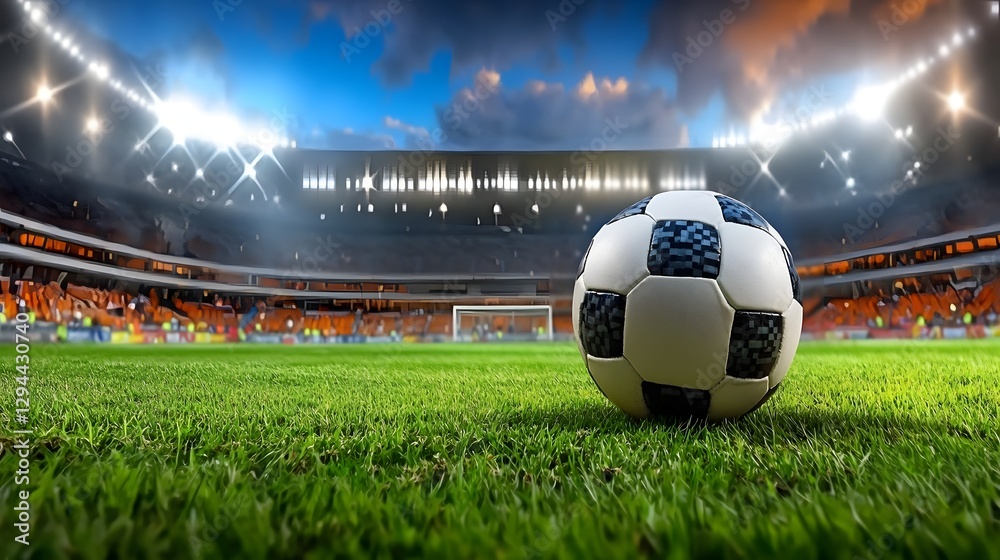 Close up of an illuminated soccer ball resting on the lush green grass of a grand sports stadium surrounded by powerful spotlights and creating a thrilling championship vibe