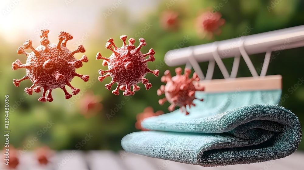 Close up of Infectious Red Microbes and Viruses Swirling in Bright Sunbeams Near a Soft Folded Towel Showing Sharp Macro Details and Dramatic Lighting