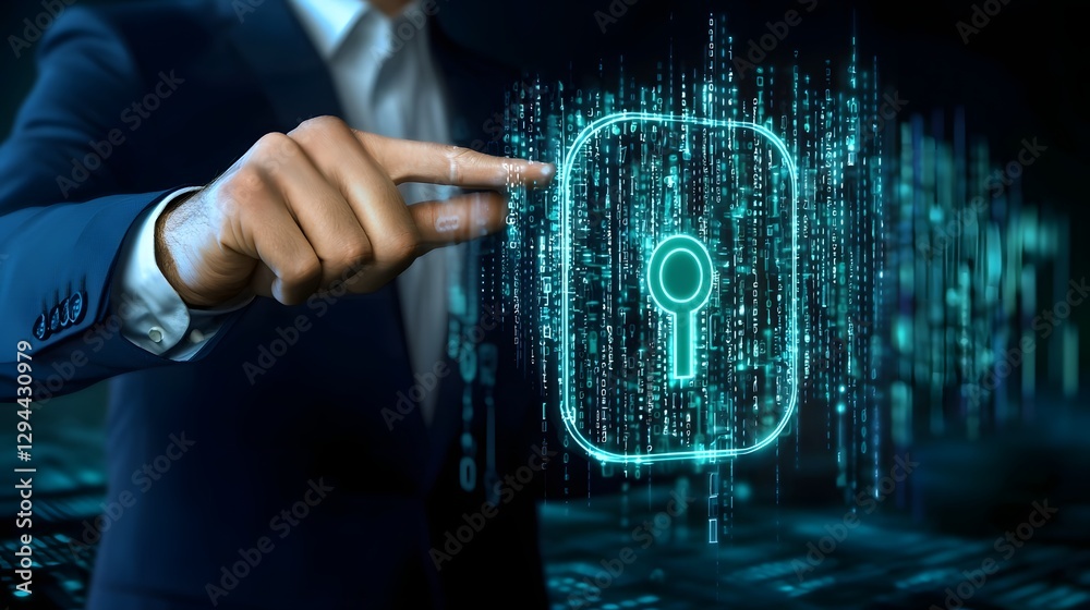 Close up view of a businessman interacting with a futuristic lock icon representing encrypted data visualization and digital security authentication technology for cyber defense solutions