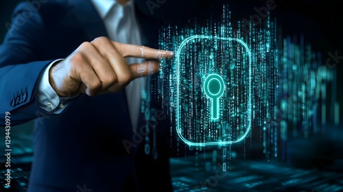 Obraz na płótnie Close up view of a businessman interacting with a futuristic lock icon representing encrypted data visualization and digital security authentication technology for cyber defense solutions w salonie