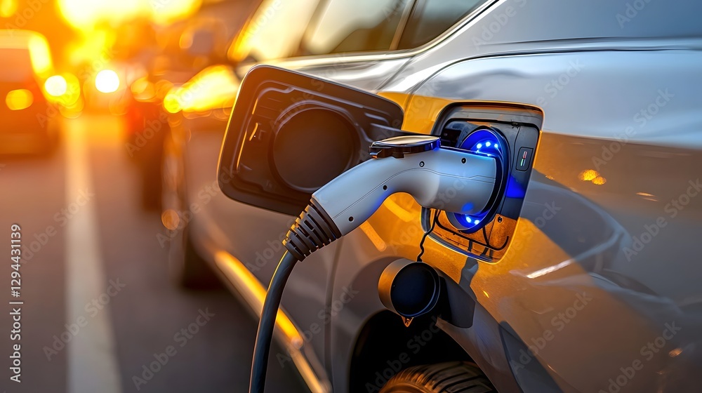 Close up view of a stylish electric car connected to a glowing blue EV charger showcasing the concept of renewable energy and sustainable transportation
