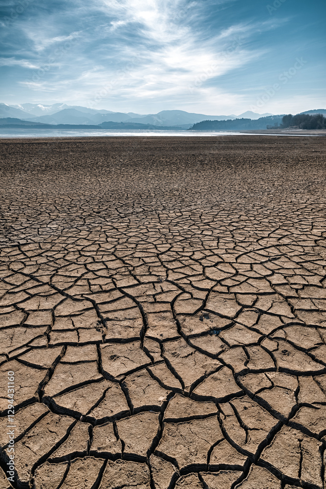 Dry and cracked earth during drought on lake Liptovska Mara in Slovakia