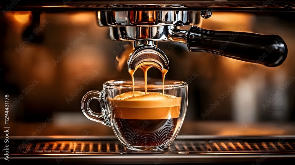 Close up view of a professional espresso machine dispensing a freshly brewed rich and aromatic espresso shot into a waiting cup showcasing the smooth creamy crema on top of the dark