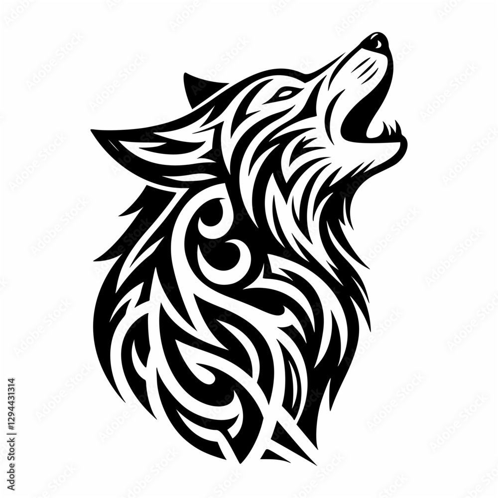 Obraz premium Elegant Tribal Wolf Howling – Bold Black and White Art