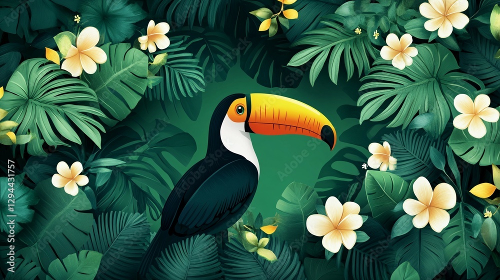 Naklejka premium A brightly colored toucan bird perched amidst verdant tropical foliage