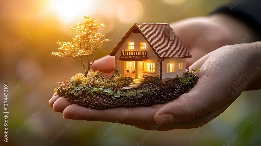 Conceptual image of a miniature house resting in a person s cupped hands conveying the idea of real estate ownership financial investment and potential growth in property value