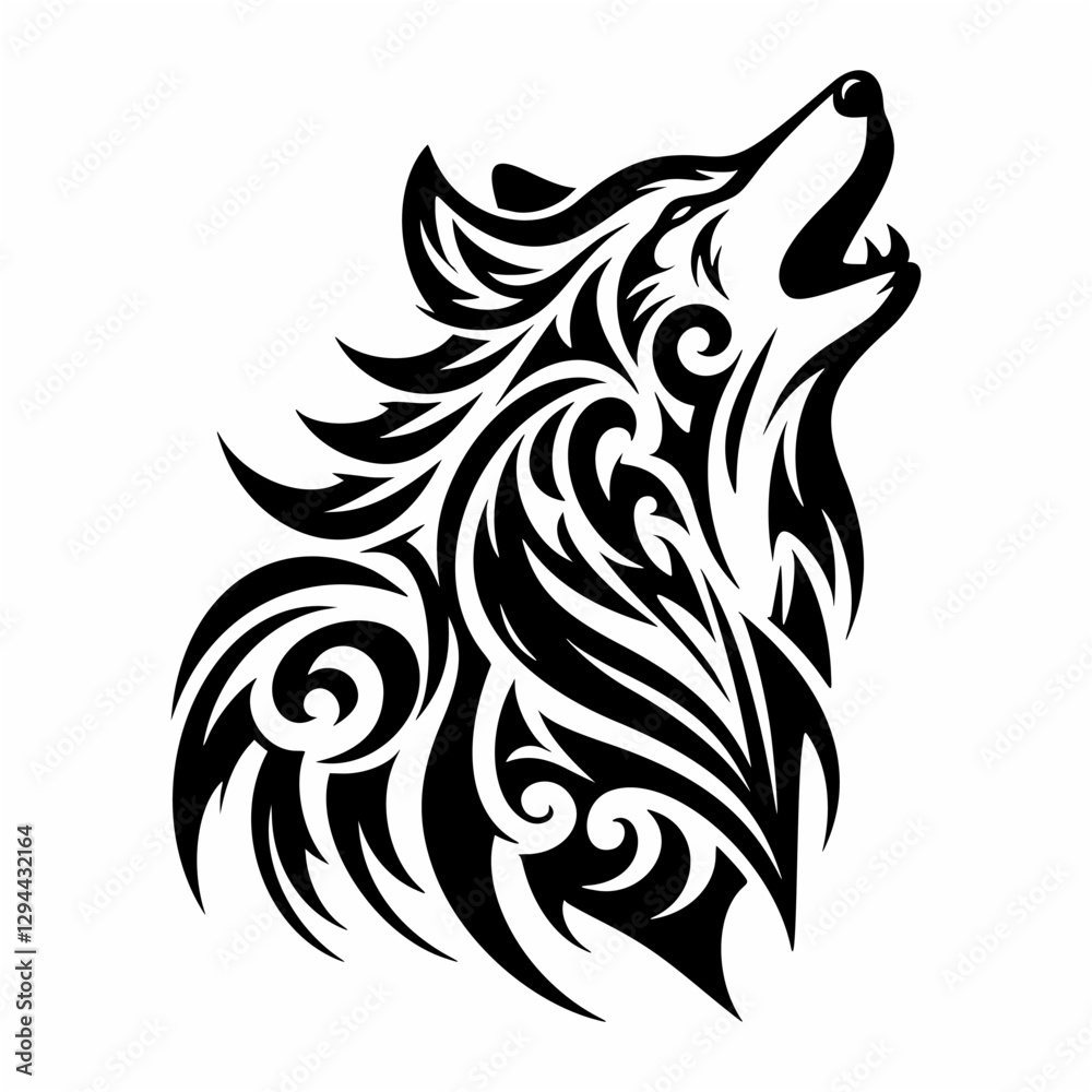 Naklejka premium Majestic Howling Wolf in Black and White Tribal Art