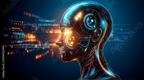 Obraz na płótnie Cybernetic Humanoid with Glowing Data Streams and Digital Brain Processing Natural Language Futuristic Chatbot Technology and Sci Fi Inspired Interaction w salonie