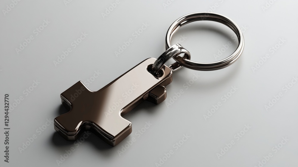 A metal puzzle piece keychain with a smooth polished finish, placed on a clean white surface A metal puzzle piece keychain with a smooth polished finish, placed on a clean white surface