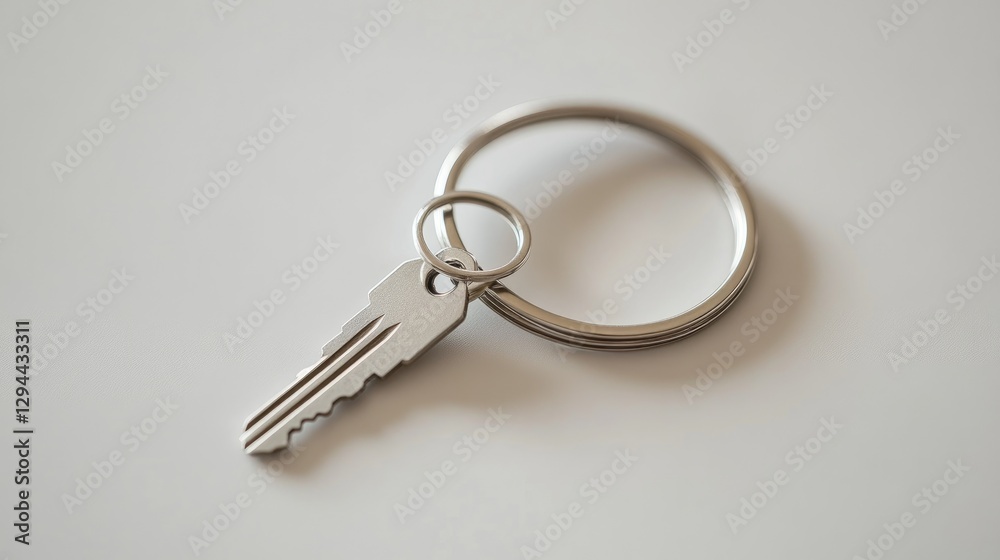 A minimalist keychain with a small metal ring and a single key, displayed on a white surface A minimalist keychain with a small metal ring and a single key, displayed on a white surface