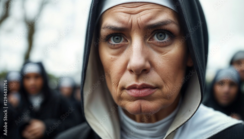 Nun With Serious Mood Looking Ahead Against Blurred Background Nun With Serious Mood Looking Ahead Against Blurred Background