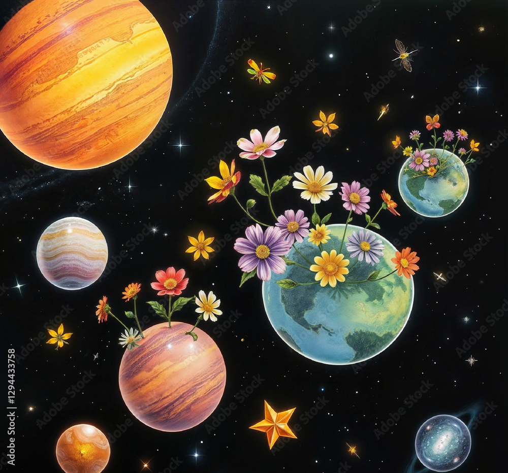 Naklejka premium Planets with flowers in a whimsical mood floating in space against a starry background