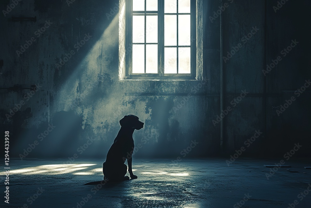 Silhouette of a dog sitting in an empty room illuminated by light through a window Silhouette of a dog sitting in an empty room illuminated by light through a window