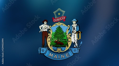 Seamless 3D loop of Maine’s flag waving in wind. Vibrant 4K video for coastal themes, historical content, and patriotic displays.