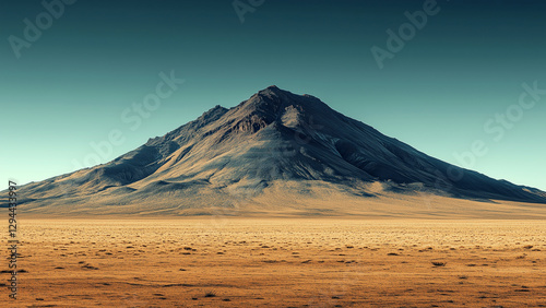 A serene mountain and desert vista against a clear blue sky, mountain peak, barren terrain, open horizon