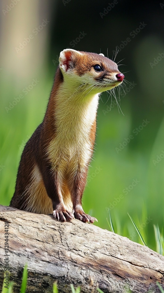 A curious weasel stands alertly on a log, surrounded by lush greenery, its sleek body and distinct fur contrasting against the vibrant natural backdrop, capturing a moment of wildlife in action. A curious weasel stands alertly on a log, surrounded by lush greenery, its sleek body and distinct fur contrasting against the vibrant natural backdrop, capturing a moment of wildlife in action.